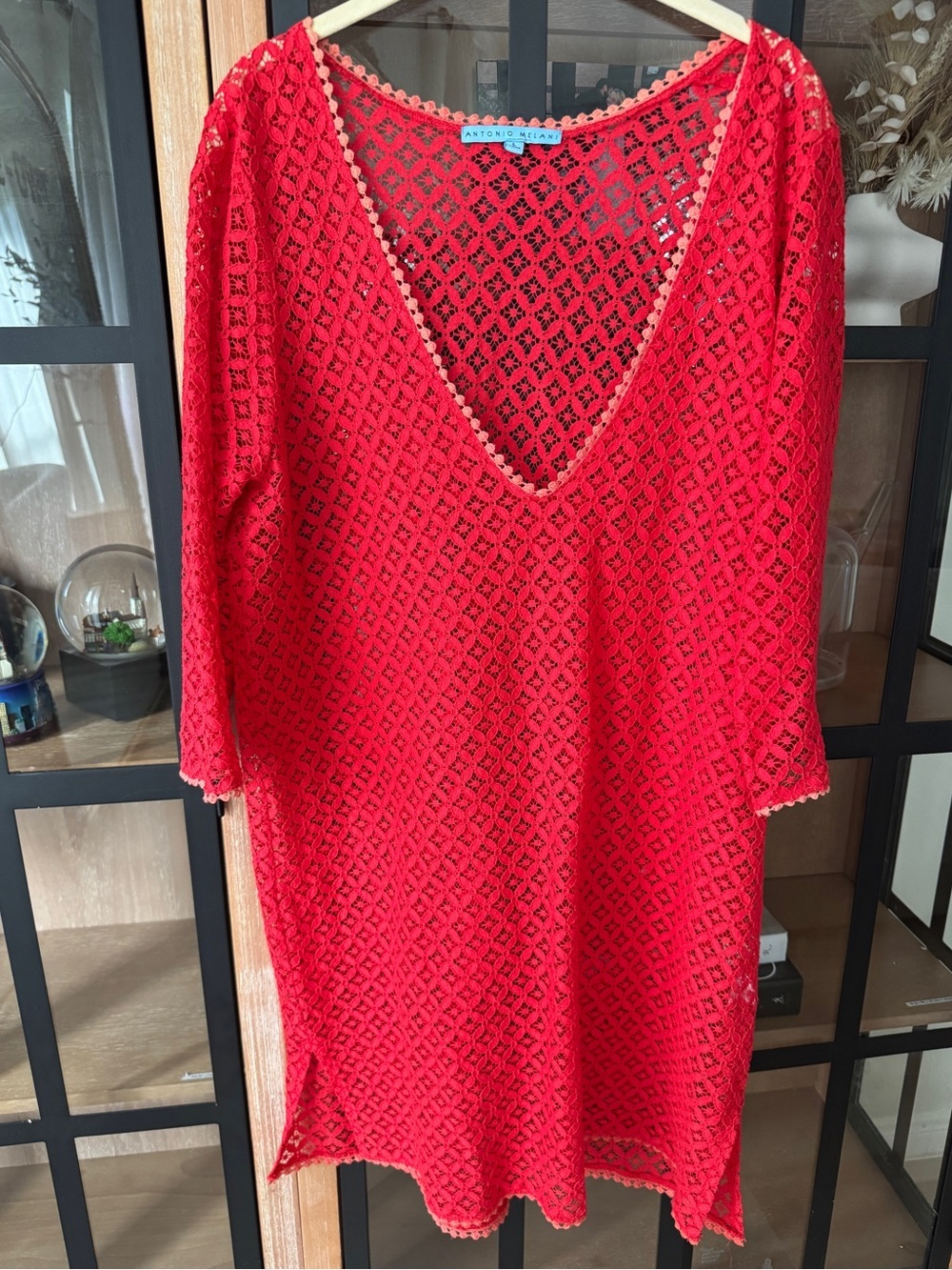 Antonio Melani lace crochet swimsuit coverup tunic kaftan long sleeve resortwear